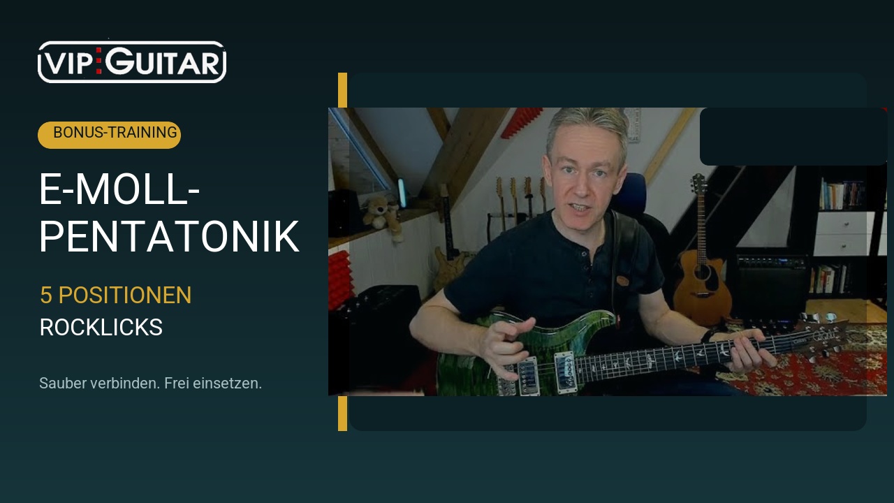 Horst Keller mit grüner E-Gitarre: E-Moll-Pentatonik, fünf Positionen und Rocklicks