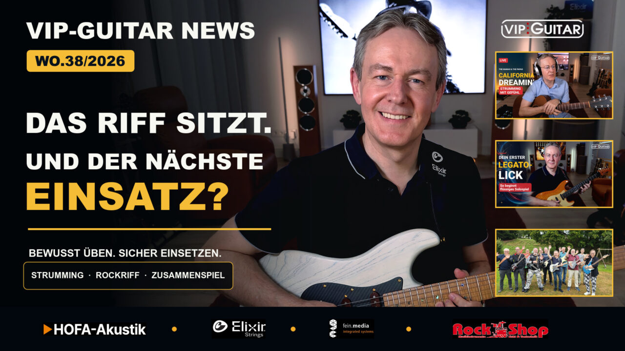Horst Keller mit heller E-Gitarre. VIP-Guitar News WO38/2026: Das Riff sitzt. Und der nächste Einsatz? Mit California Dreamin’, Legato und Rock-Klassiker Live.
