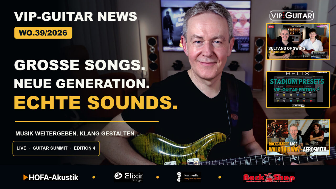 Horst Keller mit Gitarre. VIP-Guitar News WO39/2026 mit Livestream, Guitar Summit, Helix Stadium Presets Edition 4 und Walk This Way.