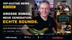 Horst Keller mit Gitarre. VIP-Guitar News WO39/2026 mit Livestream, Guitar Summit, Helix Stadium Presets Edition 4 und Walk This Way.