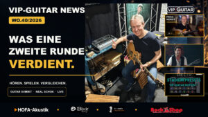 Horst Keller mit Gitarre und BluGuitar AMP X. VIP-Guitar News WO40/2026 mit Guitar Summit, Frag Horst, Neal Schon und Helix Stadium Edition 4.