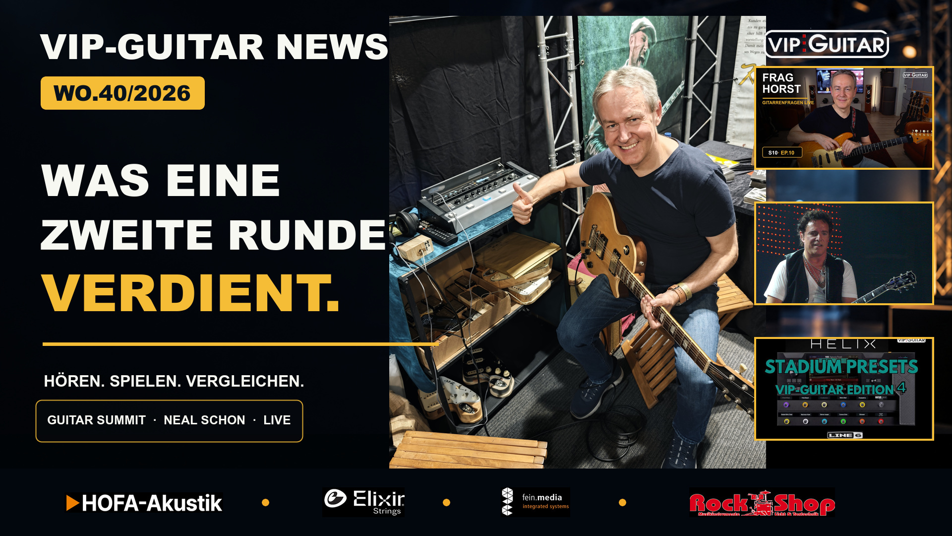 Horst Keller mit Gitarre und BluGuitar AMP X. VIP-Guitar News WO40/2026 mit Guitar Summit, Frag Horst, Neal Schon und Helix Stadium Edition 4.