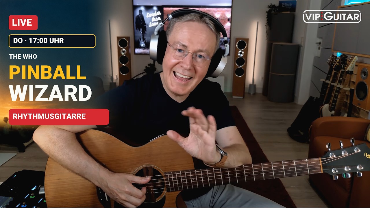 Horst Keller mit Akustikgitarre. VIP-Guitar News WO41/2026 über Pinball Wizard, Rhythmusgitarre und Live-Workshops.