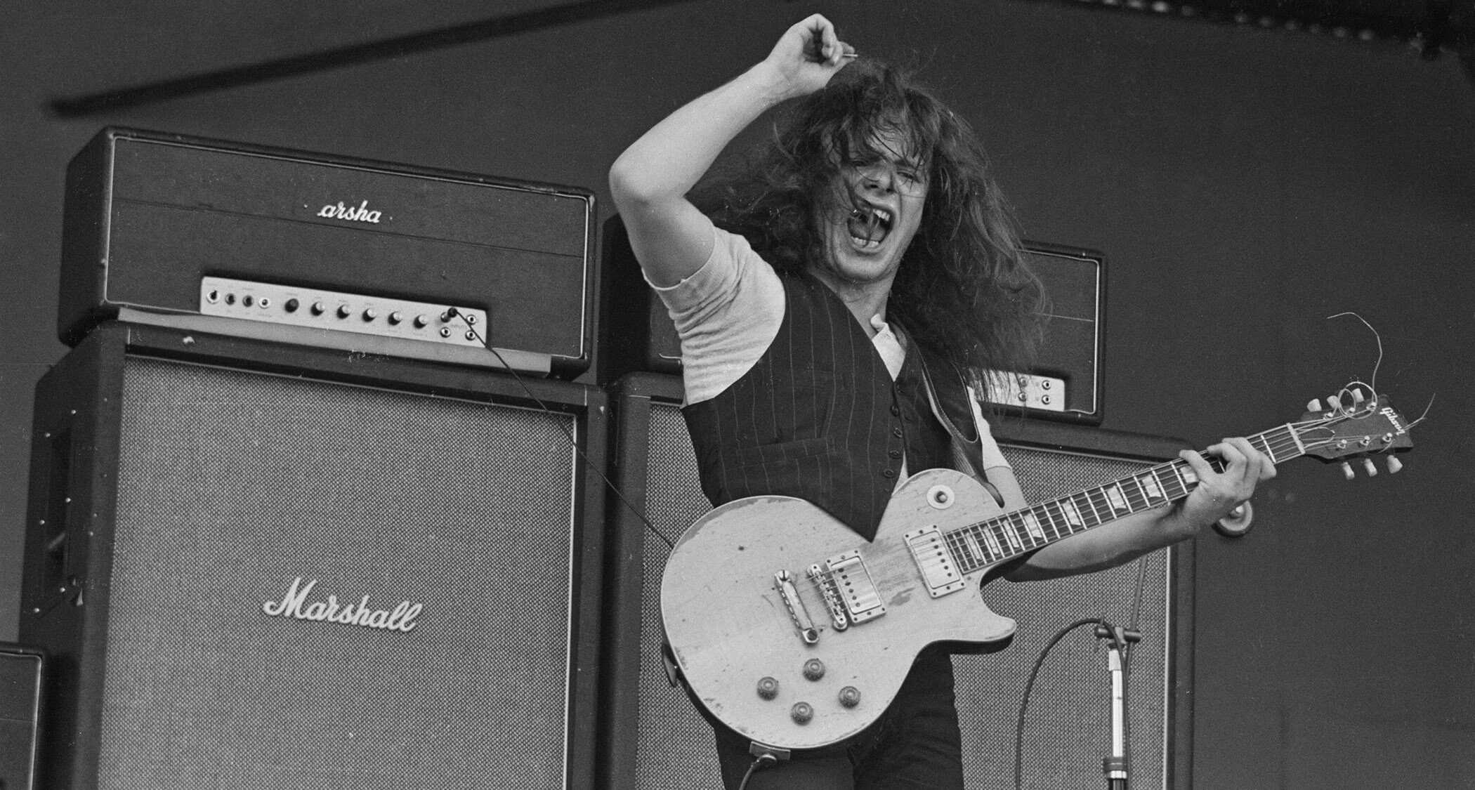 Paul Kossoff mit seiner Gibson Les Paul, Free, Isle of Wight 1970